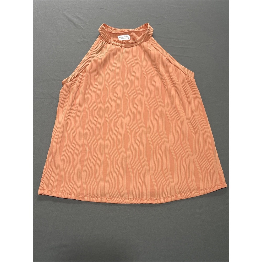 Orange high-neck pleated halter blouse with a textured wave, Size XL